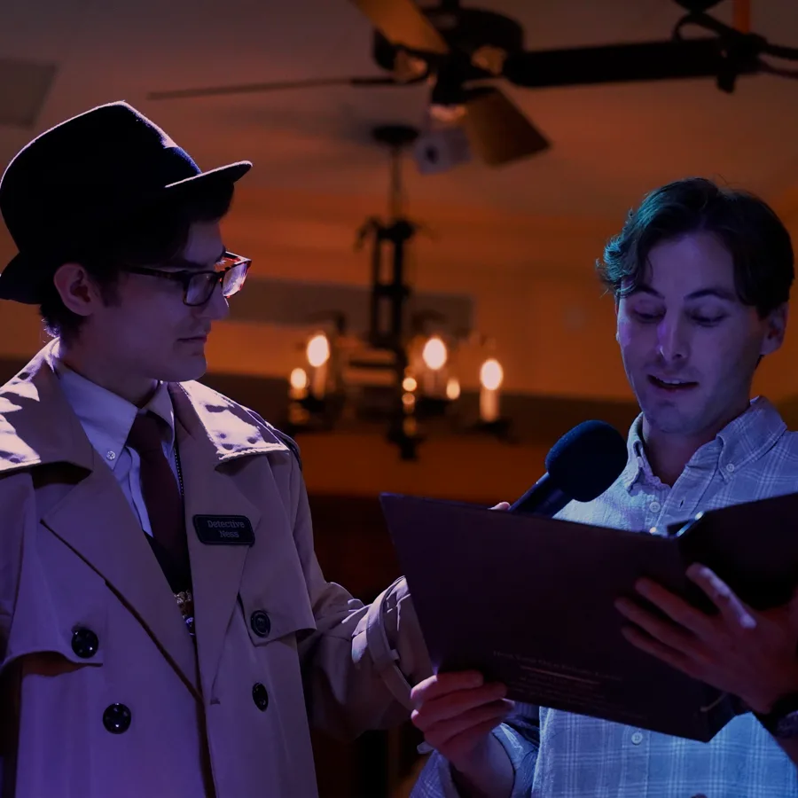 Professional actors performing at a Indianapolis murder mystery
